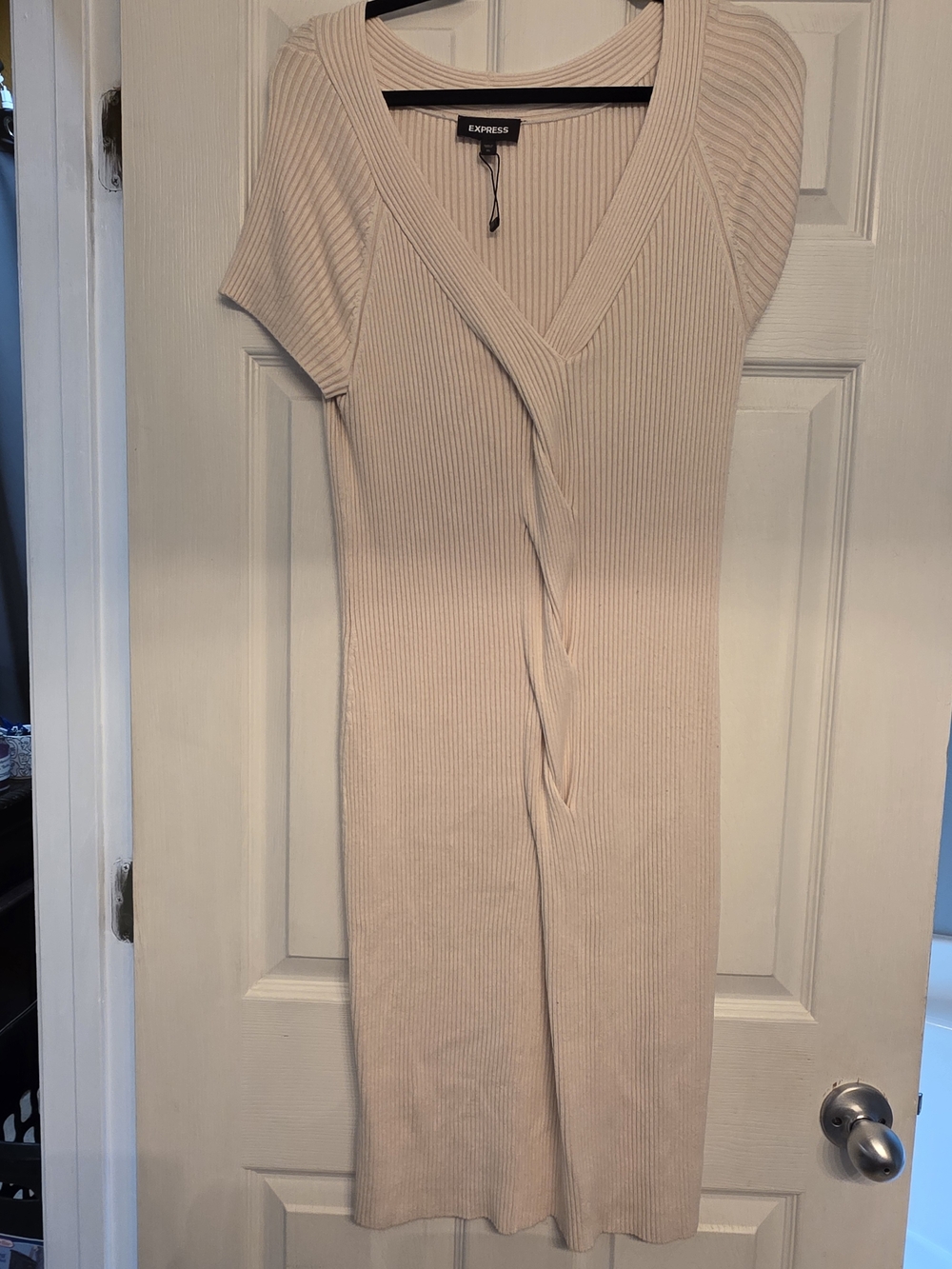 Express Cream Ribbed V-Neck Midi Dress